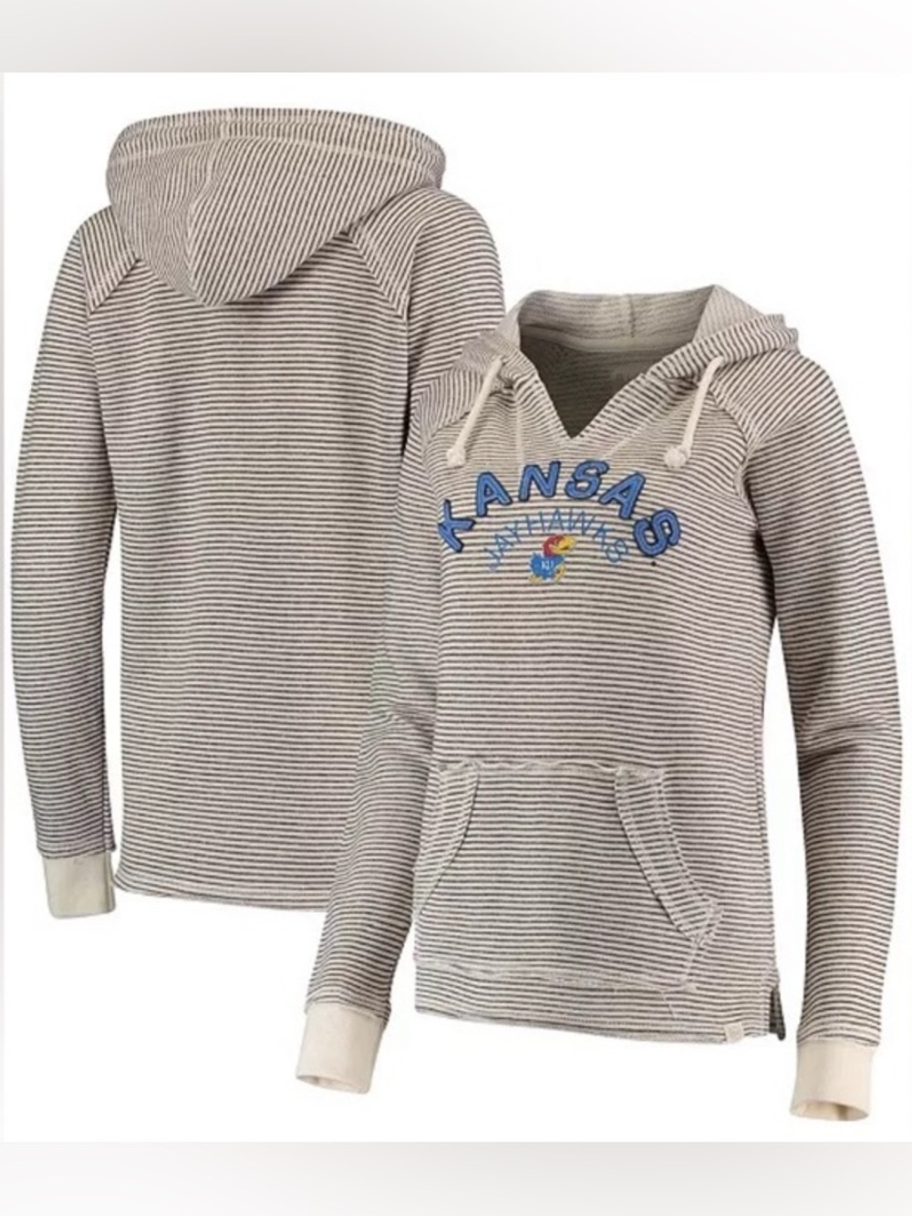 Kansas Jayhawks Striped Hooded Pullover, women’s size XL, Grey & Cream, Blue 84